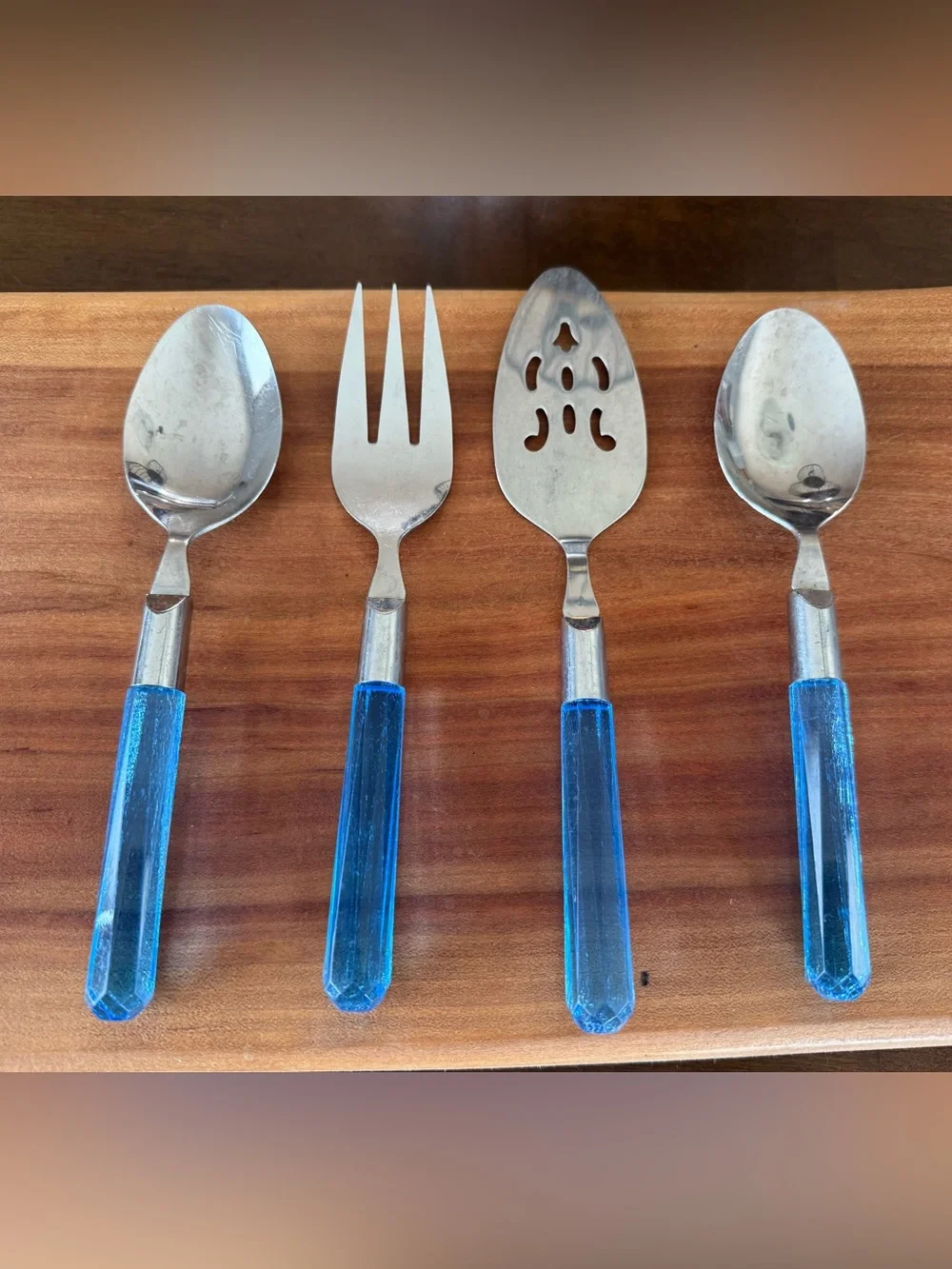4 Pc Blue Acrylic Handle Stainless Serving Utensil Set Retro MCM